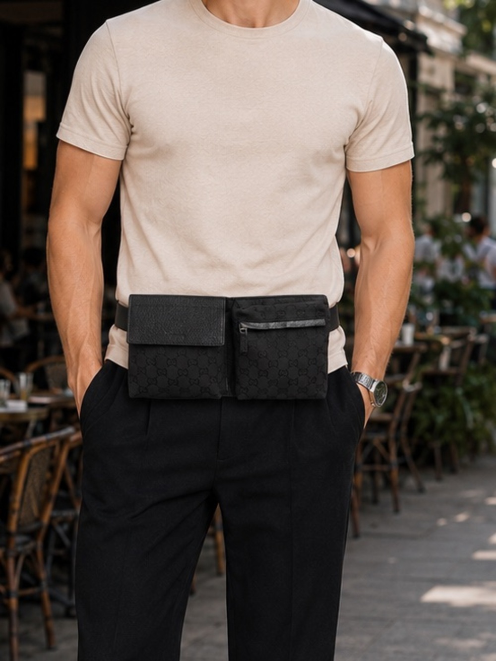 Authentic Gucci GG Canvas Double Pocket Waist Belt Bag Black